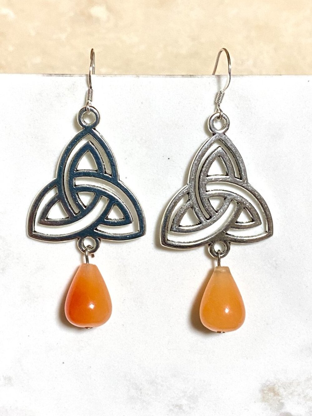 2/$20, Orange Carnelian Agate Triqueta Earrings, Gemstone & Sterling Silver Hook